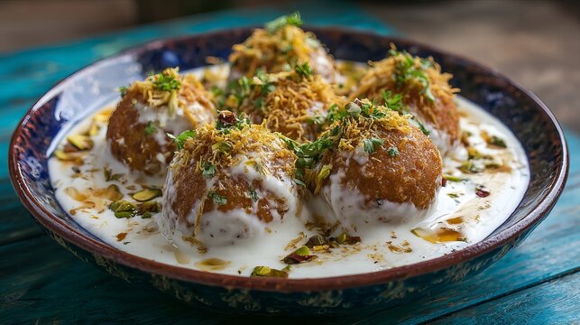A plate of traditional Indian dessert Dahi Vada, also known as Dahi Bhalla, on a blue wooden table