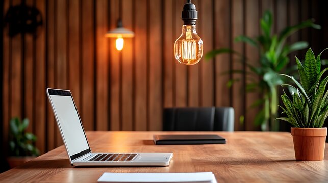 Modern workspace with laptop and hanging light bulb, featuring wooden walls and indoor plants for a cozy atmosphere