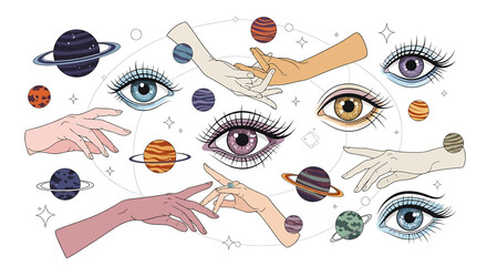 Hands and eyes reaching for planets 1. © Masini