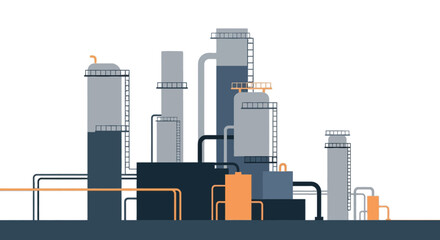 Obraz premium Industrial Oil Refinery and Factory Plant Vector Illustration in Flat Design Style with Tanks and Pipelines.