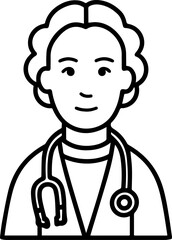 Obraz premium Hand Drawn Elderly Female Doctor Black and White Illustration in Minimal Line Art Style Design