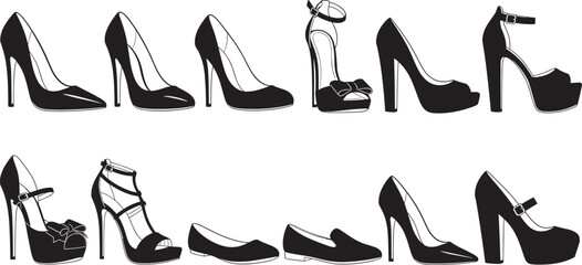 Obraz premium Women’s shoe silhouettes, fashion footwear illustration, high heel vector design, stylish shoe artwork, elegant fashion icons, flat vector illustration, footwear graphic