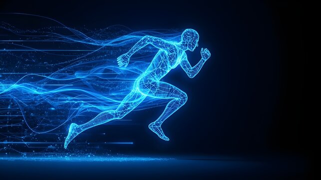 Abstract human athlete motion with glowing blue data particles and speed lines, technology and sports concept.