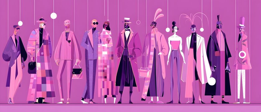 Fashion Parade: An array of stylized figures dressed in vibrant, avant-garde attire, posing against a monochromatic backdrop of soft purple hues.