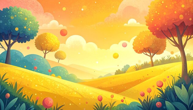 Cartoon landscape with rolling hills, trees, flowers and clouds, all in bright, warm yellow, orange, and teal tones