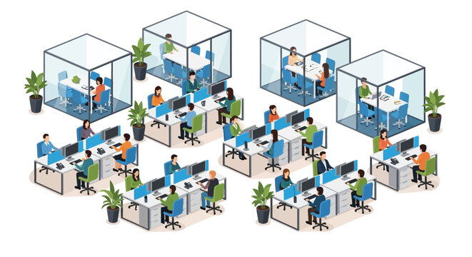 Isometric illustration of a busy modern office with individual workstations