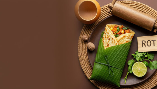 Golden Caribbean Roti in Banana Leaf with Earth-Toned Negative Space and Botanical Accents