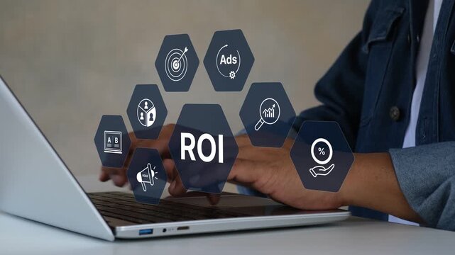 Business ROI analytics dashboard overlay animation on laptop, Digital marketing performance metrics, advertising optimization, data visualization, financial growth strategy for corporate planning 4K