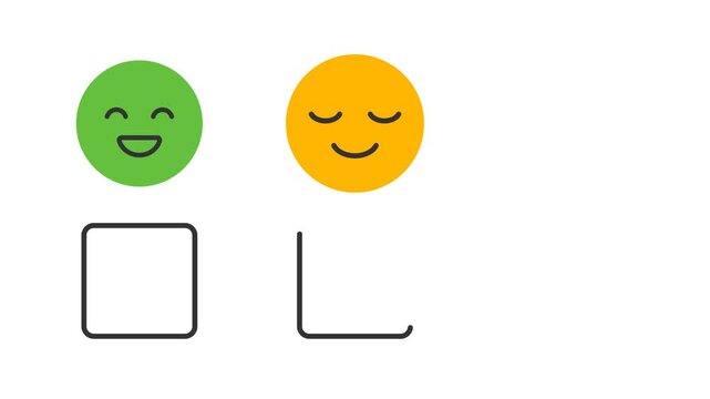 Customer feedback animation with happy neutral sad emoji faces and checkbox selection changing choices satisfaction rating scale user experience review survey concept for app interface
