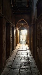 Fototapeta premium A dimly lit corridor with arched doorway and stone floor