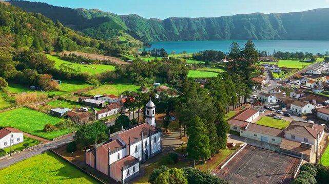 Aerial View of Sete Cidades Village and Sao Nicolau Church Azores