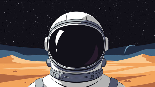 Close-up of an astronaut wearing a white spacesuit on a desert planet under a starry night sky, representing space travel.