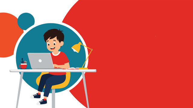 Young student sitting at his desk with a laptop and lamp while studying for online school classes against a solid red background.