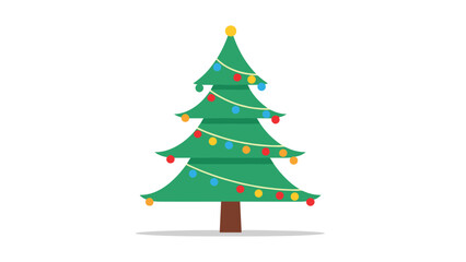 Obraz premium Decorated green christmas tree with colorful ornaments and a bright star on top of a brown trunk isolated on a plain white background.