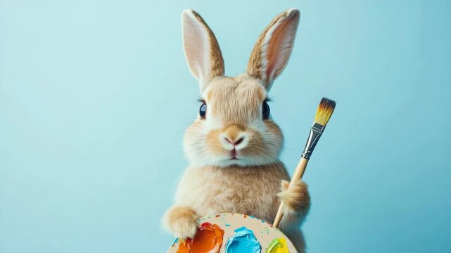 Rabbit painting with brush and palette of colors on blue background  