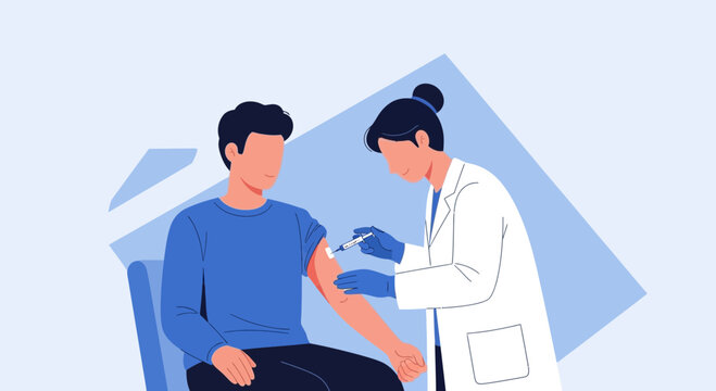 Doctor administering vaccine injection to patient's arm, healthcare concept