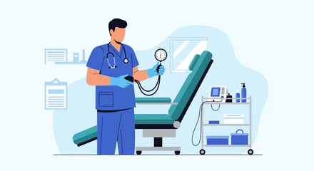 Fototapeta premium Doctor checking blood pressure with sphygmomanometer in clinic examination room