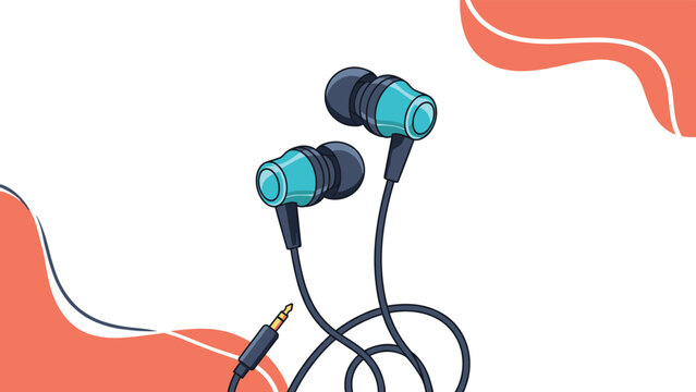 Pair of blue and black in ear headphones with a long wire and jack plug for listening to your favorite music on a digital device.