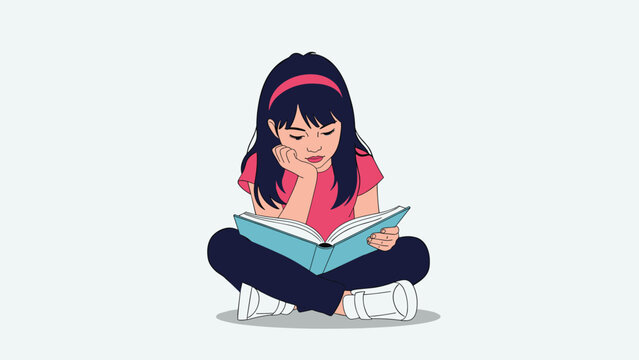 Cute young girl with long dark hair and a pink headband sits cross legged on the floor while intently reading a large blue storybook.