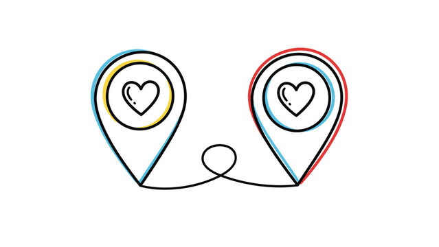 Two map location pin icons containing hearts connected by a curved line representing long distance relationships or romantic travel plans.