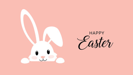 Obraz premium Adorable white easter bunny peeking from the bottom of a pink background with the text happy easter in elegant black typography for cards.