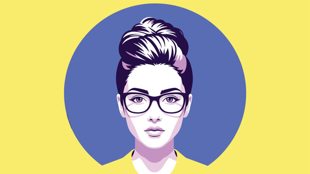 Clean portrait of a woman with black glasses and hair tied in a high bun against a blue circle and yellow background.