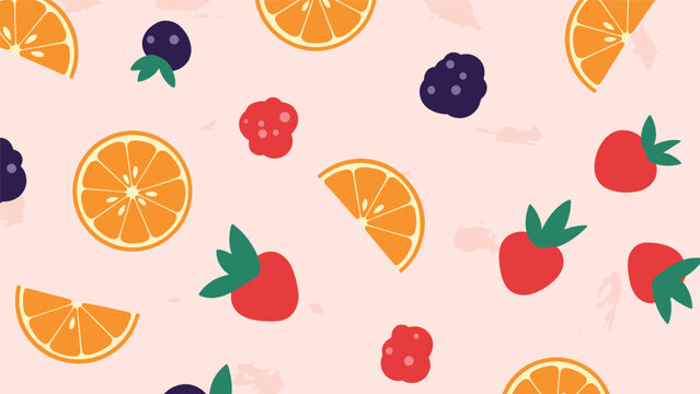 Colorful seamless pattern featuring orange slices strawberries blueberries and blackberries on a pink background.