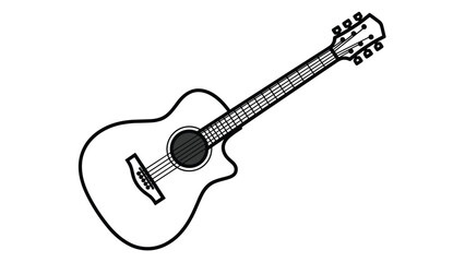 Fototapeta premium Simple black and white line art drawing of an acoustic guitar isolated on a white background for music themes or education projects.