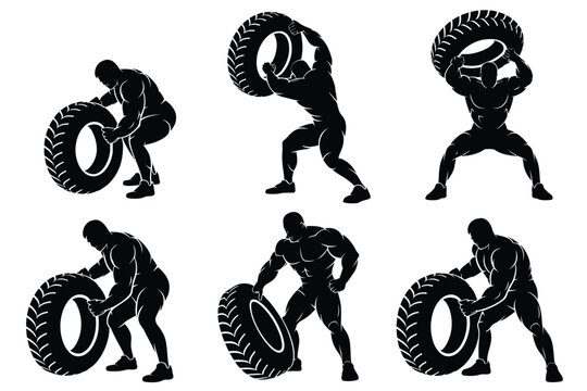 Silhouettes of muscular men performing tire flip exercises in a sequence showcasing strength and fitness with dynamic poses in a minimalist black and white style