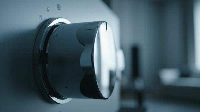 Close up of chrome knob detail, equipment control setting device in interior.