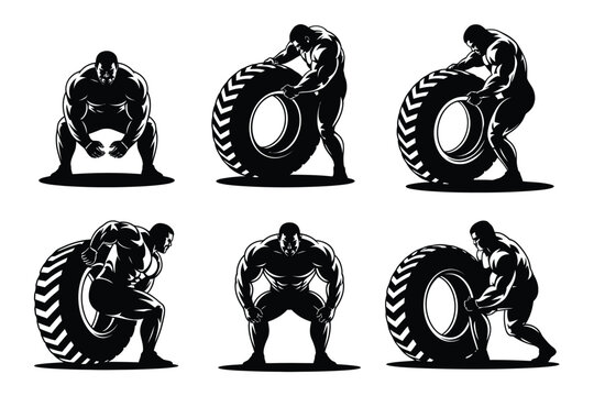 Six muscular figures in black silhouettes exert strength while lifting large truck tires in dynamic fitness poses