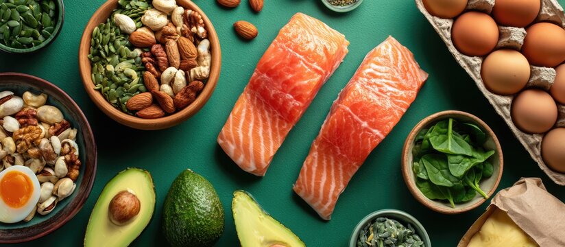 Healthy Keto Diet Ingredients - Salmon, Avocado, Nuts, Eggs, and Spinach.