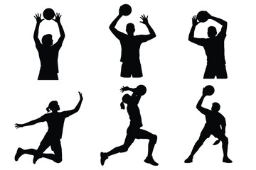 Silhouettes of athletes in dynamic basketball moves including dunking shooting and passing isolated on white background © ANTU