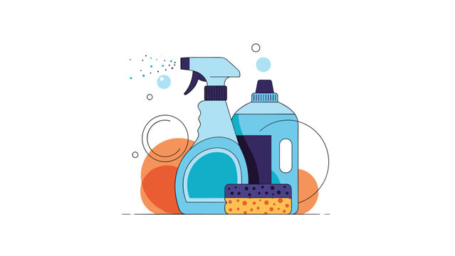 Group of cleaning product bottles including spray and detergent with a yellow sponge on a colorful abstract background with soap bubbles.