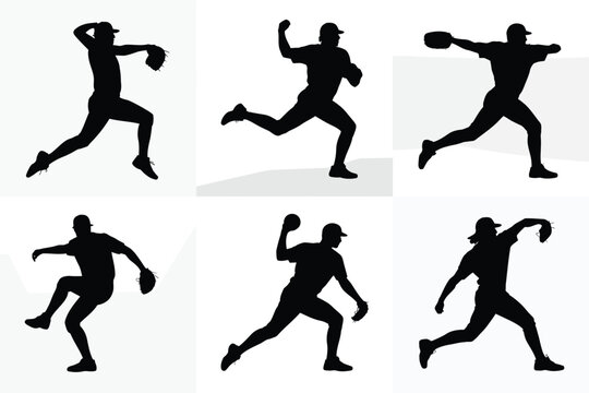 Dynamic black silhouettes of baseball pitchers throwing balls in mid action with expressive poses and shadows on white background