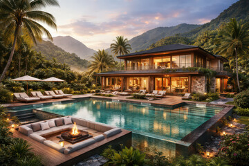 Fototapeta premium Luxurious villa with a pool surrounded by mountains and palm trees.