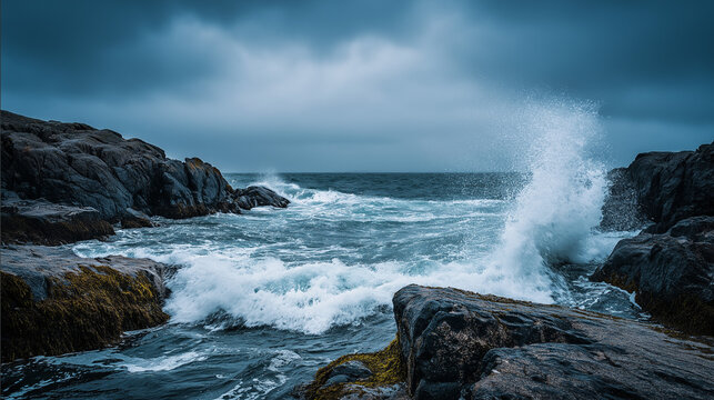 libertarianism. Ocean waves crashing against a dark rocky coastline with a stormy sky. travel magazines, destination branding, designed for outdoor magazines and nature guides.