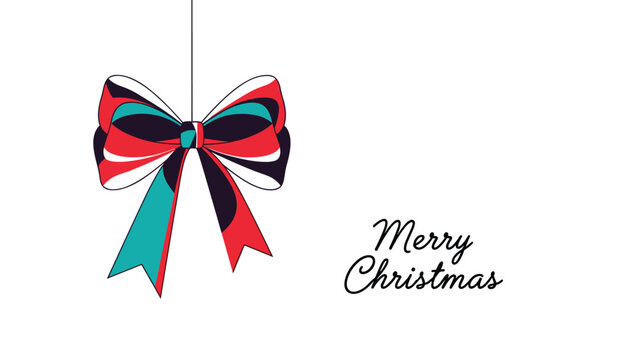Decorative colorful Christmas bow ribbon hanging from a string with elegant black Merry Christmas script text on a white background space.