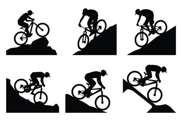 Obraz premium Silhouettes of mountain bikers performing stunts on rugged terrain capturing dynamic motion and adventure in a minimalist black and white design