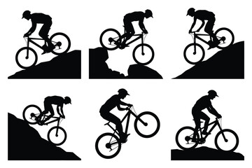 Obraz premium Dynamic silhouettes of cyclists performing stunts on mountain bikes with bold outlines and dramatic action poses on a clean white background