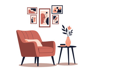 Fototapeta premium Stylish modern living room interior featuring a peach-colored armchair, a small black table with a flower vase, and gallery wall art frames.