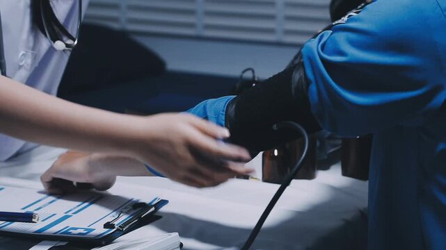 Doctor checking blood pressure of a patient, he is measuring pulses with a sphygmomanometer, hands close up