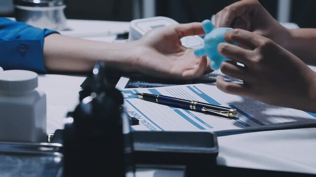 Doctor checking blood pressure of a patient, he is measuring pulses with a sphygmomanometer, hands close up