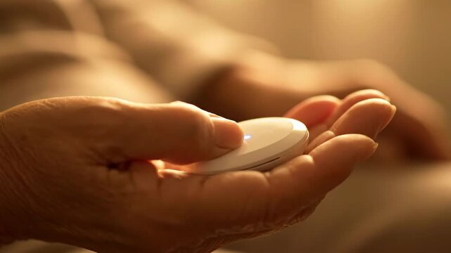Senior citizen hand holds health technology medical alert device, safety concept.