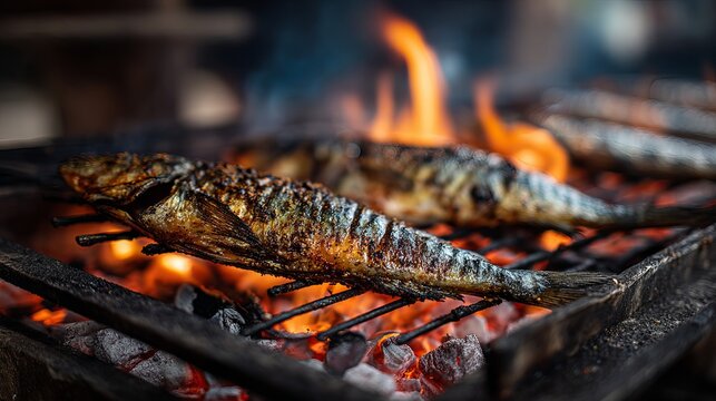 A close-up view of fish being grilled over an open flame on a barbecue