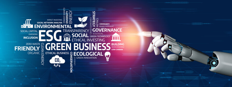 A futuristic robotic hand points towards various ESG concepts, including governance, environmental, and social themes, illustrating modern digital interactions in business. Tessel