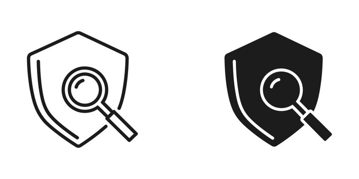Search icon variations within a shield emblem for security and investigation themes