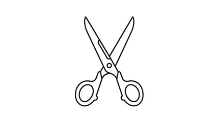 Fototapeta premium Simple black and white line art illustration of a pair of open metal scissors isolated on a plain white background.
