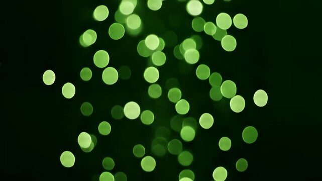 Green bokeh lights on black background, abstract emerald glowing circles, soft blurred light particles for festive holiday overlays and video transitions