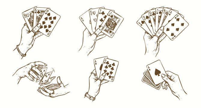 Vintage Hand Drawn Illustration Set of Hands Holding and Shuffling Playing Cards